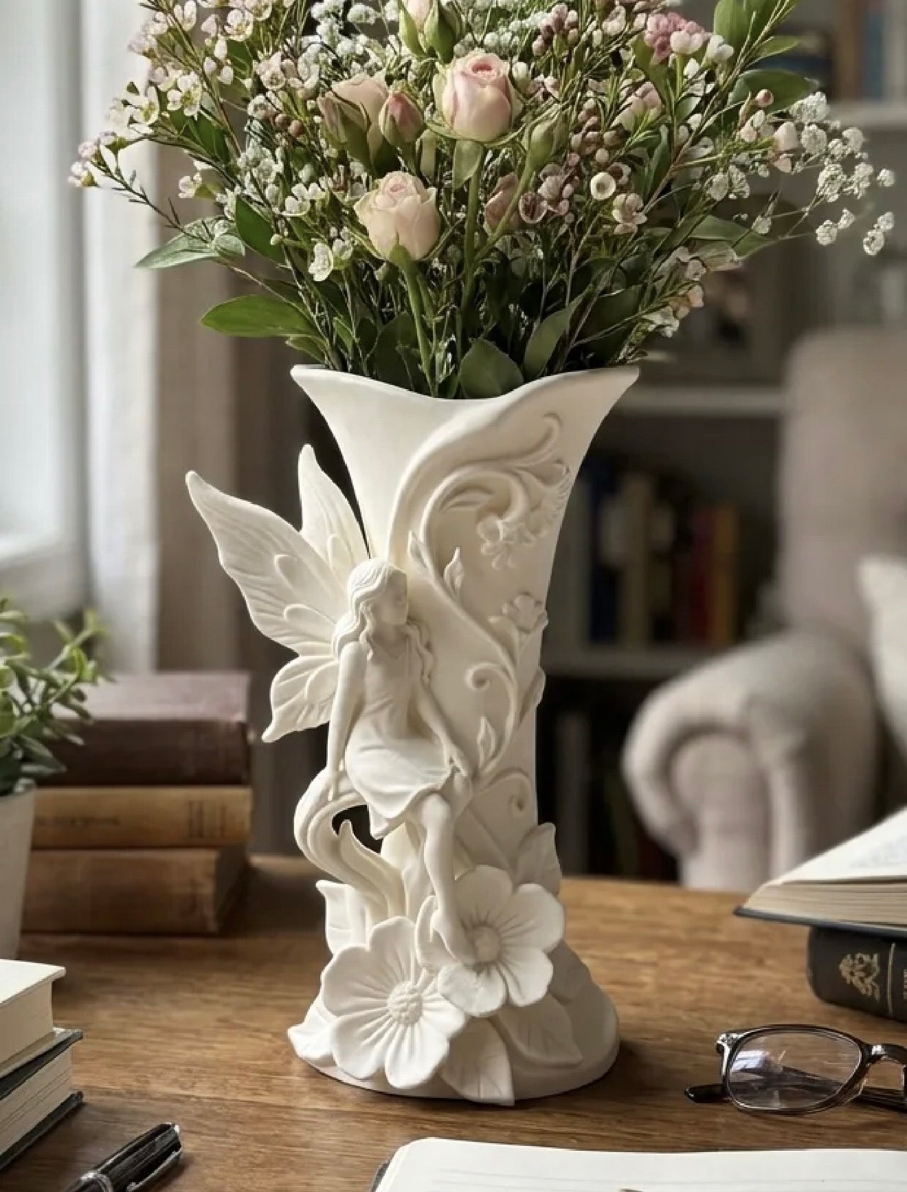 Fairy Vase with Flowers, Cottagecore Decor, Fantasy Flower Vase, Garden Fairy Figurine, Mothers Day Gift, Whimsical Home Decor